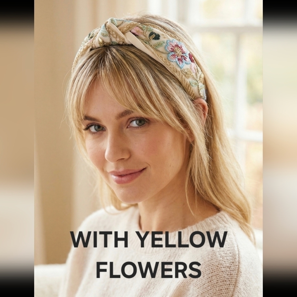 Headband Elegant Floral Embroidered Knotted - Yellow Green - Picture 5 of 11